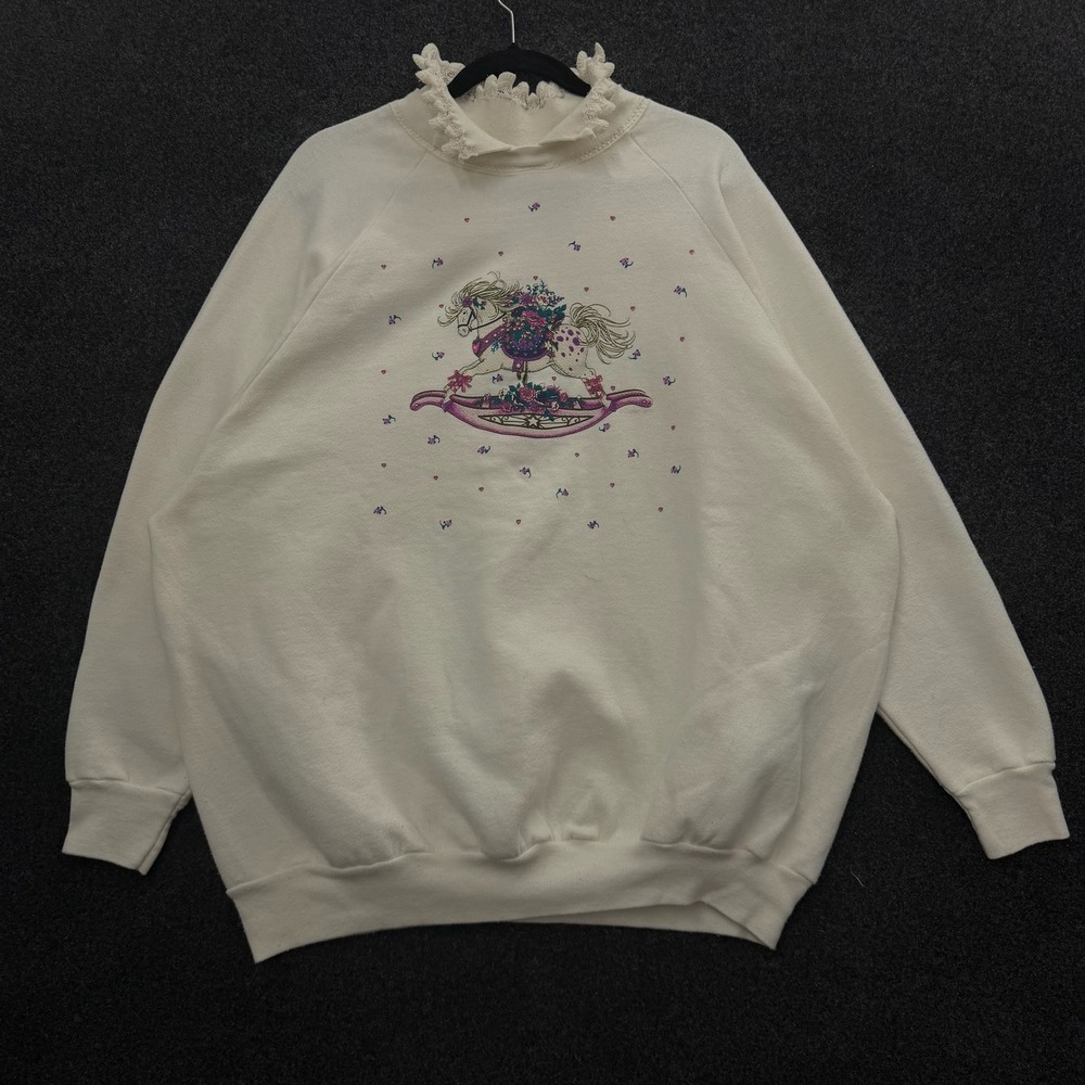 Vintage 90s Gopher Sport Rocking Horse Lace Collar Sweatshirt White 3X USA Made